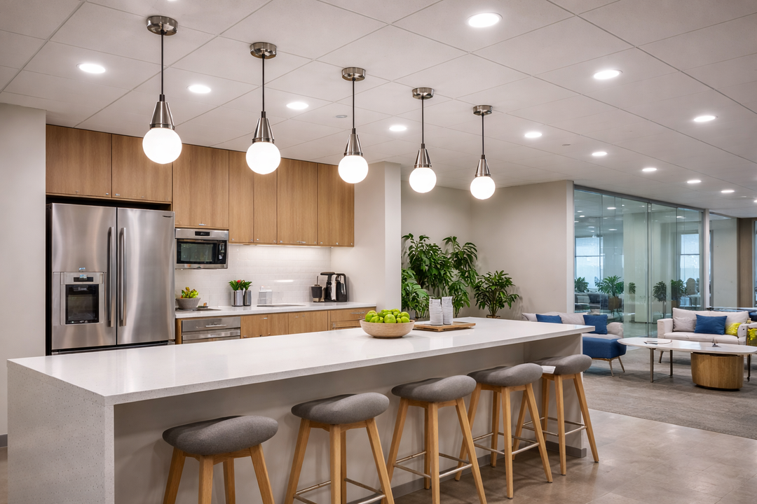 LED bulbs illuminating a modern commercial office breakroom with pendant fixtures and recessed ceiling lighting