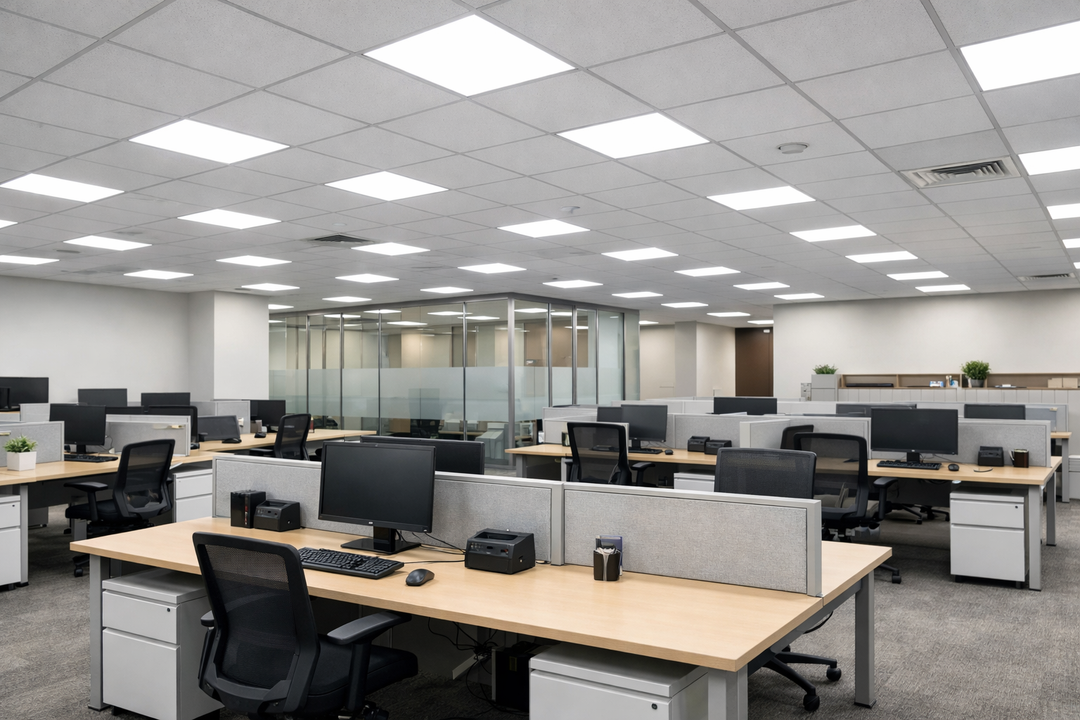 Commercial LED lighting with panel lights illuminating a modern office workspace