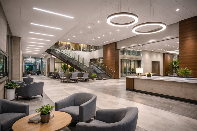LED commercial lighting illuminating a modern professional interior with balanced light distribution for visual comfort and operational efficiency