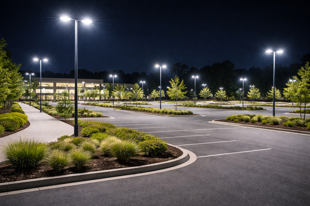 LED site lighting illuminating a commercial parking lot and pedestrian areas to improve visibility, safety, and nighttime site security