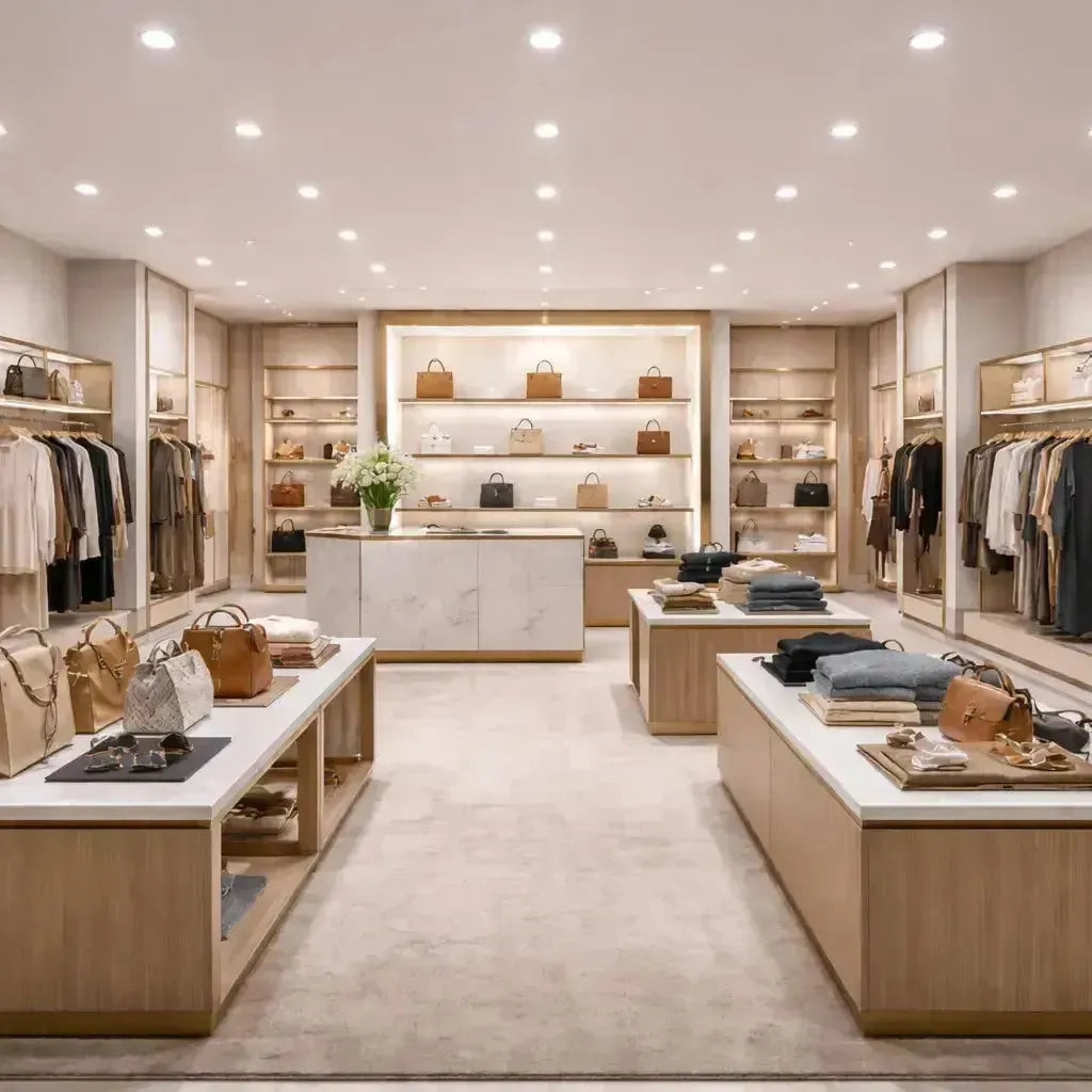 LED commercial recessed downlights illuminating a high-end retail store with uniform lighting over merchandise displays