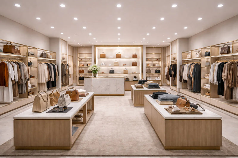 LED commercial recessed downlights illuminating a high-end retail store with uniform lighting over merchandise displays