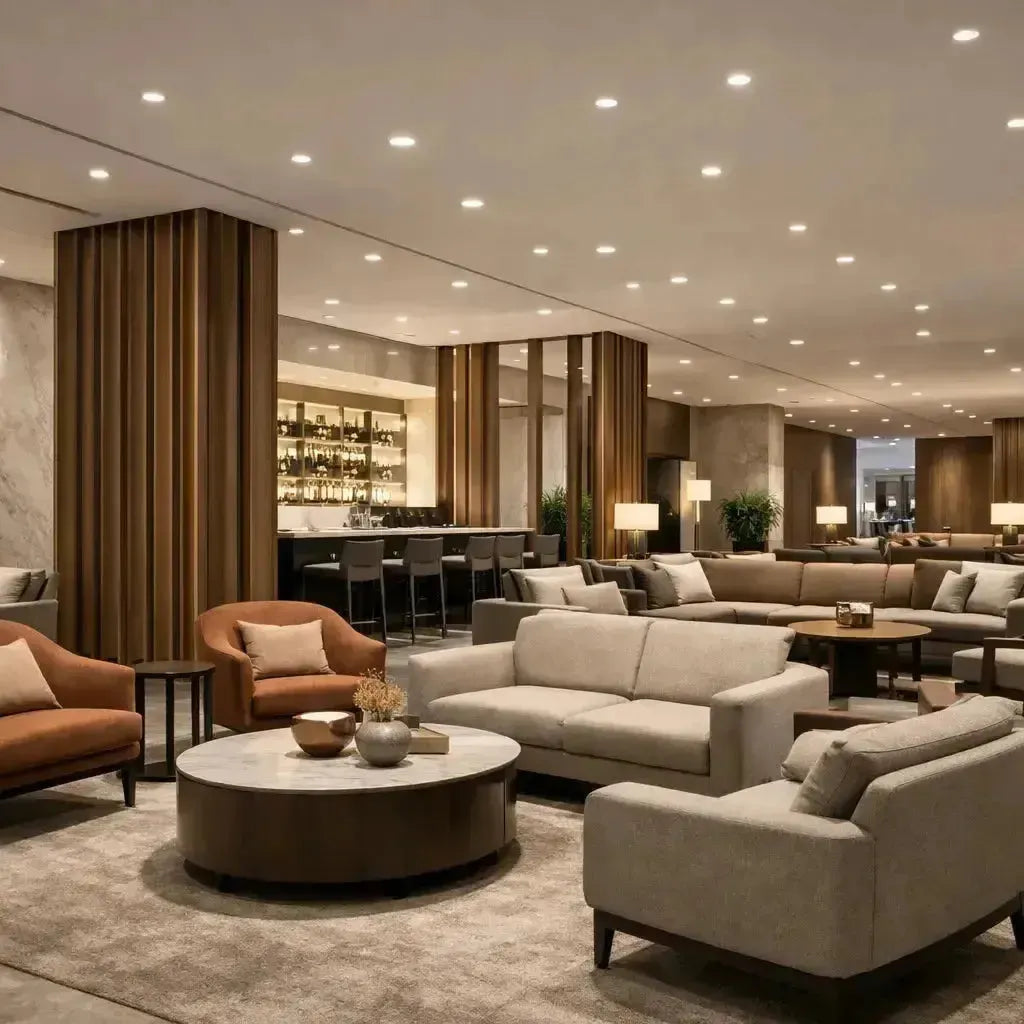 Hospitality LED lighting with recessed downlights in a modern hotel lobby