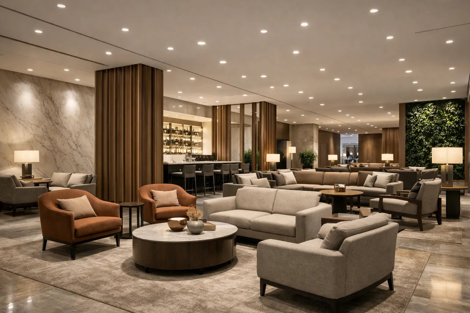 Hospitality LED lighting with recessed downlights in a modern hotel lobby