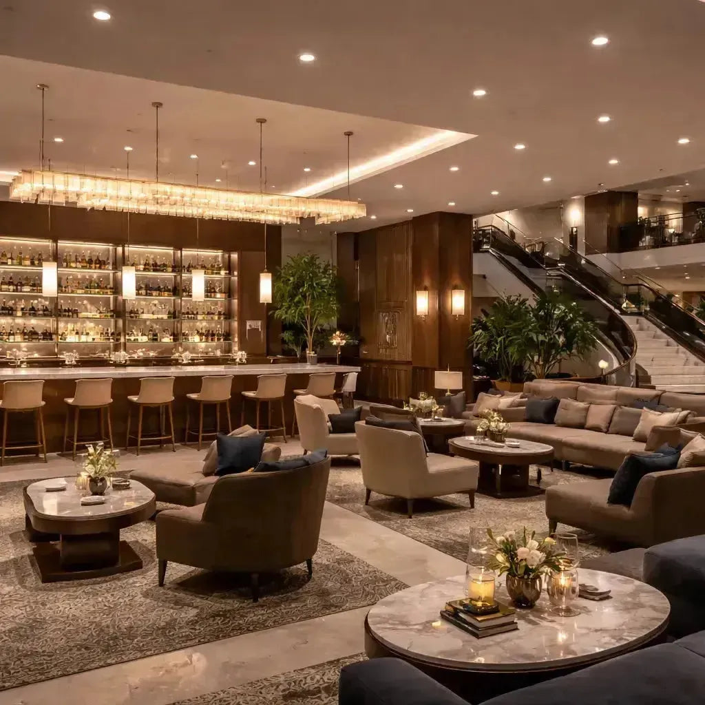 LED commercial recessed downlights and linear pendant lights illuminating a luxury hotel lobby and hospitality seating area with warm, balanced lighting