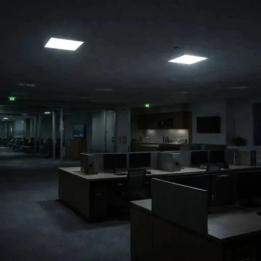 LED panel lights operating on emergency backup drivers illuminating a commercial office during a power outage