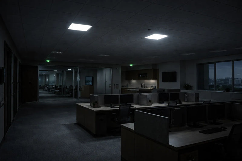 LED panel lights operating on emergency backup drivers illuminating a commercial office during a power outage