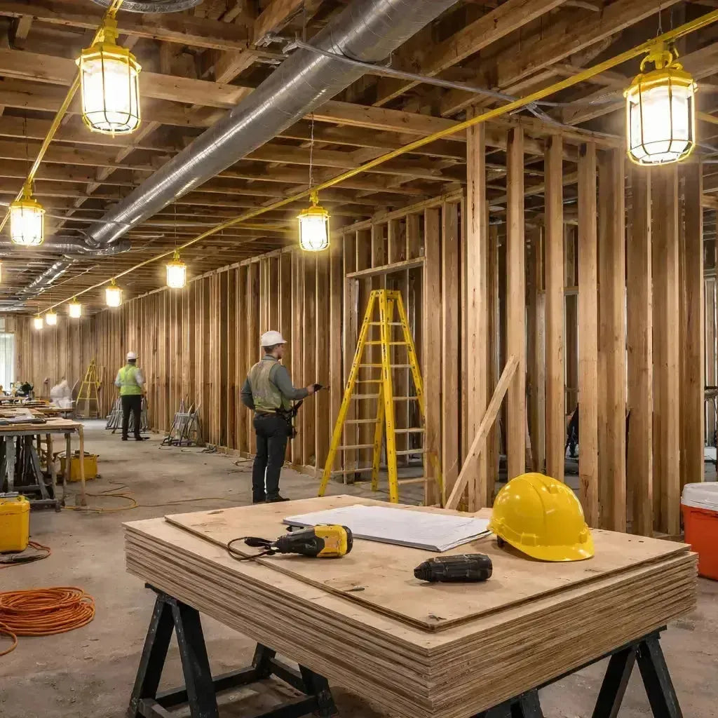 LED temporary lighting illuminating an active commercial construction jobsite with exposed framing and work areas