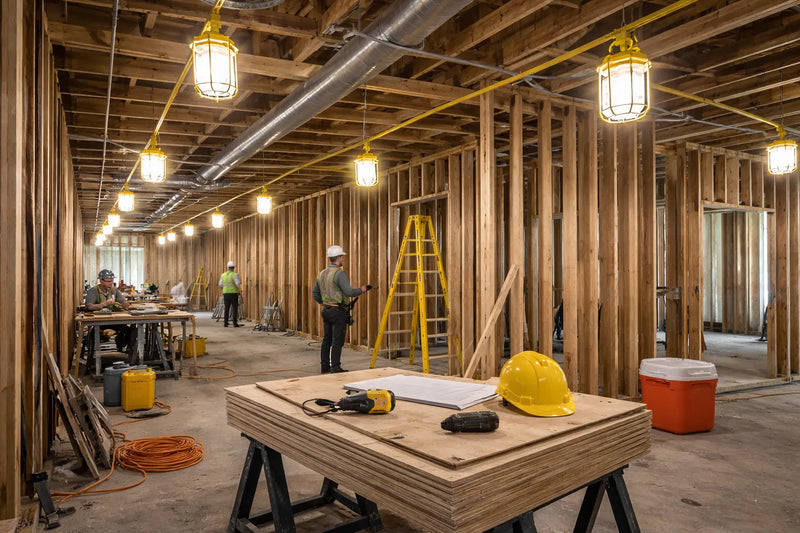 LED temporary lighting illuminating an active commercial construction jobsite with exposed framing and work areas