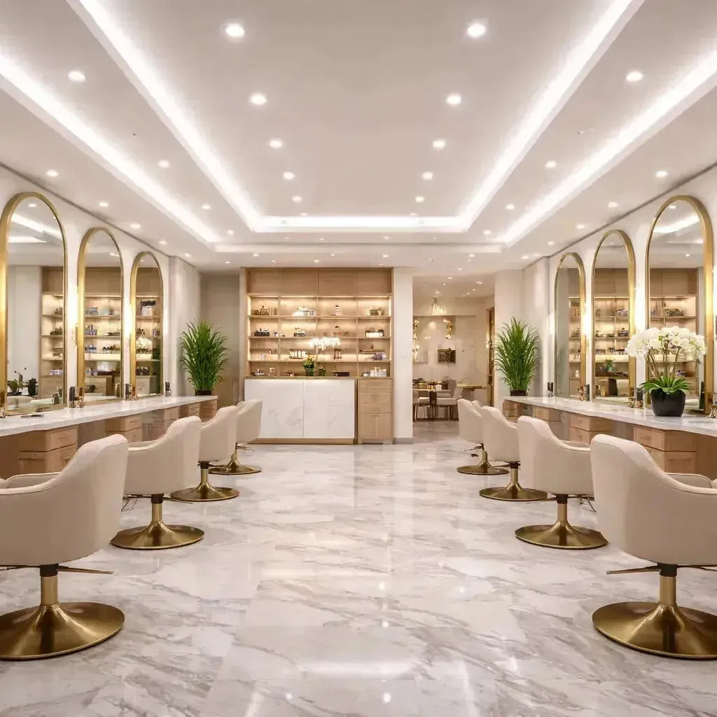 LED salon and beauty lighting illuminating a high-end commercial salon with balanced, glare-controlled light at styling stations