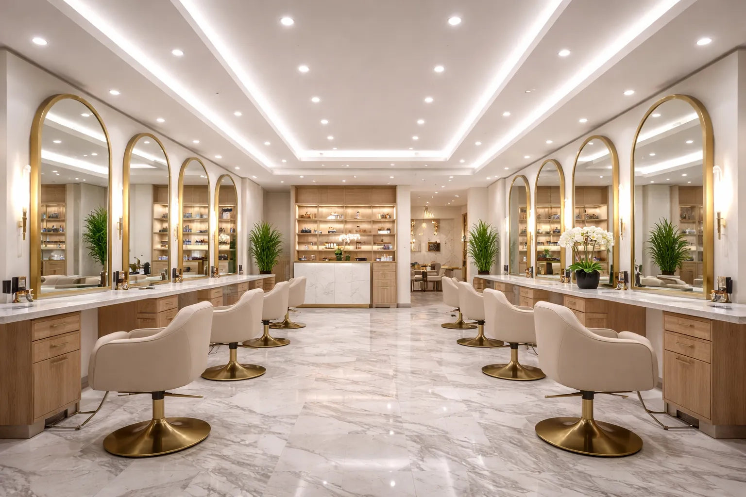 LED salon and beauty lighting illuminating a high-end commercial salon with balanced, glare-controlled light at styling stations