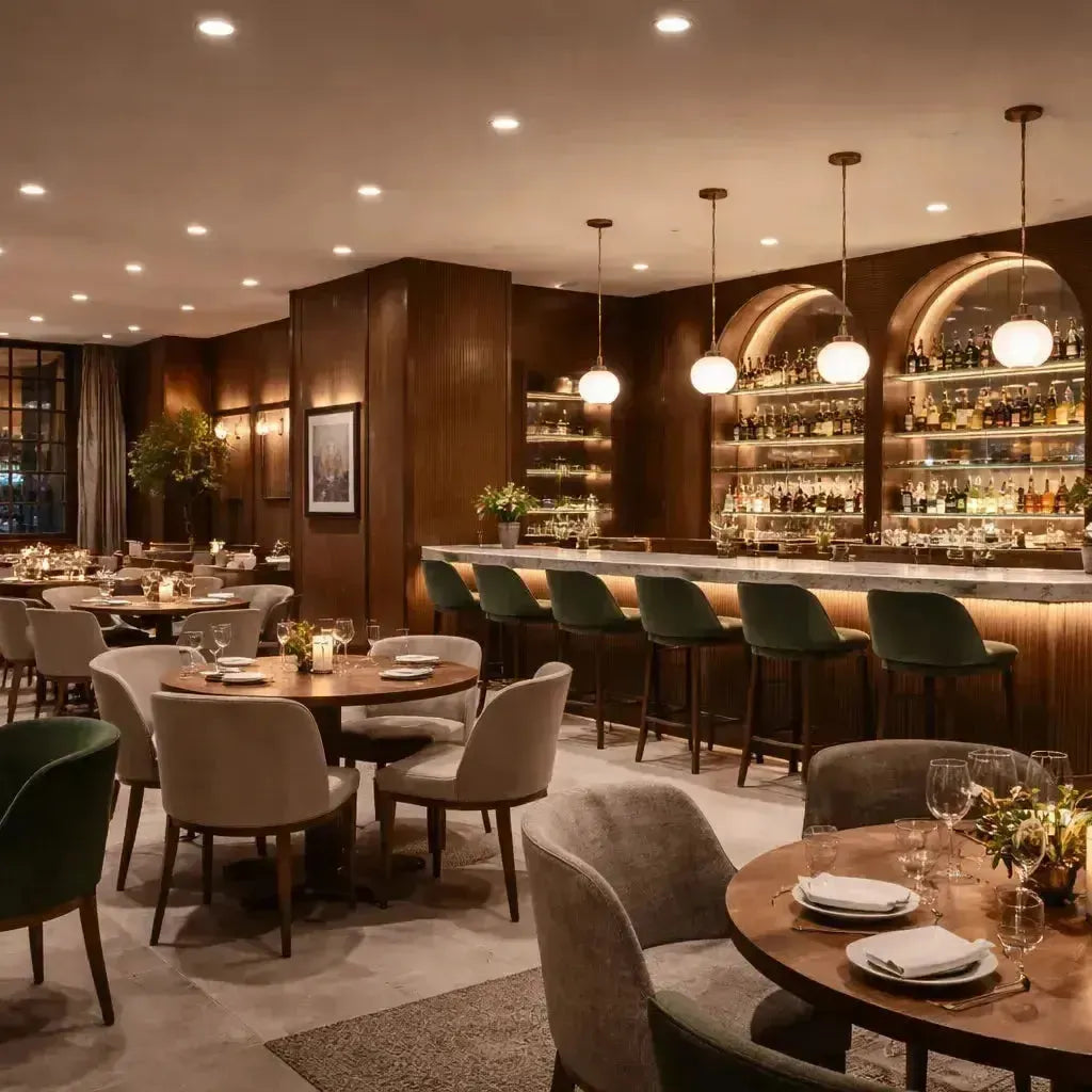LED commercial recessed downlights and bar pendant lights illuminating an upscale restaurant and bar with a warm, cozy dining atmosphere
