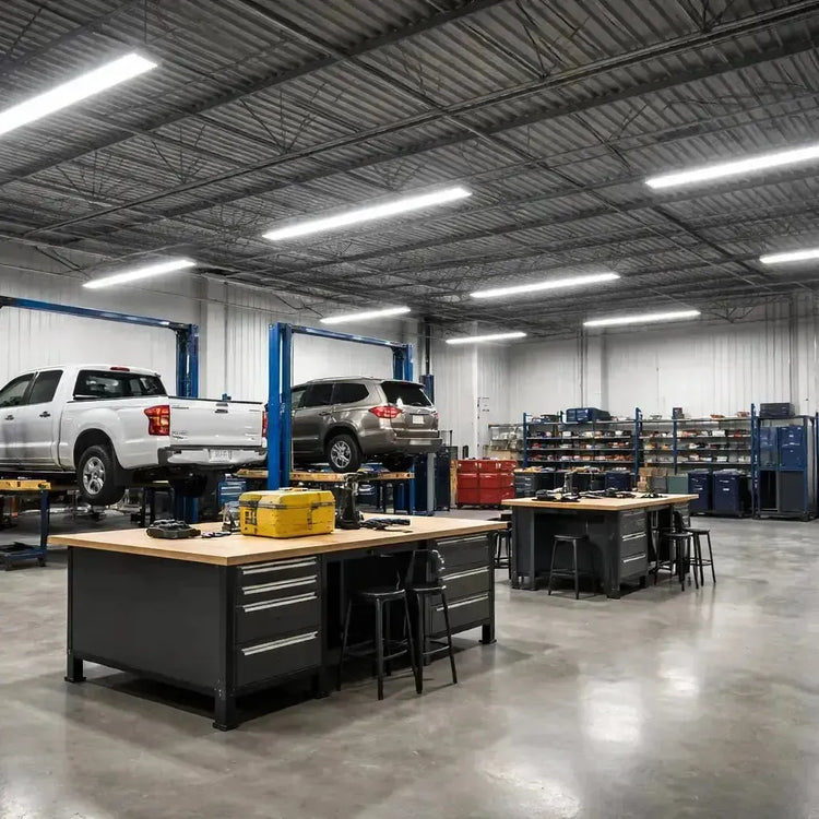 LED shop and garage lighting illuminating a commercial automotive workspace with uniform brightness for task visibility and operational safety