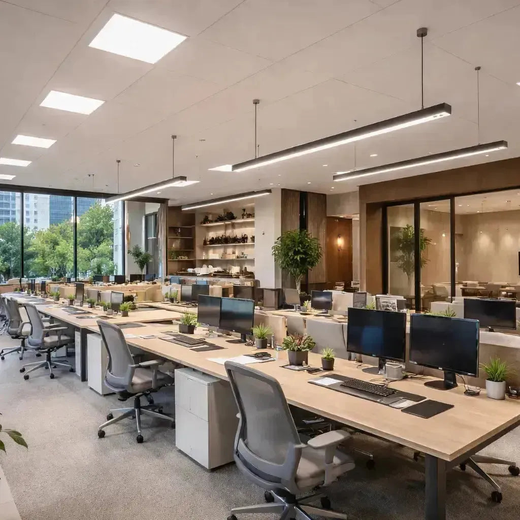 LED office lighting combining linear pendant fixtures and ceiling-mounted panel lights in a modern commercial workspace