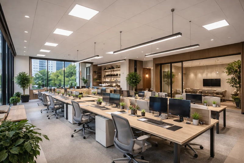 LED office lighting combining linear pendant fixtures and ceiling-mounted panel lights in a modern commercial workspace