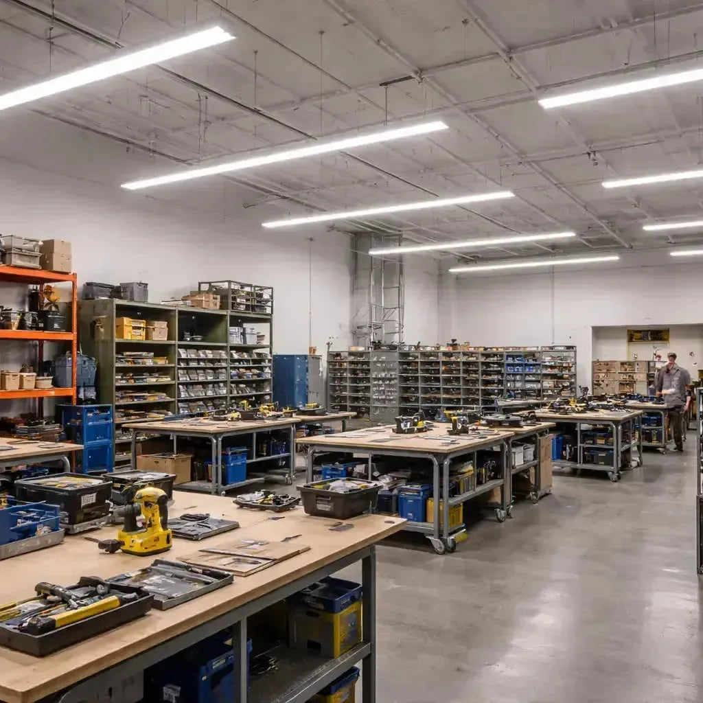 LED strip light fixtures illuminating a commercial production workshop with uniform task lighting over workstations