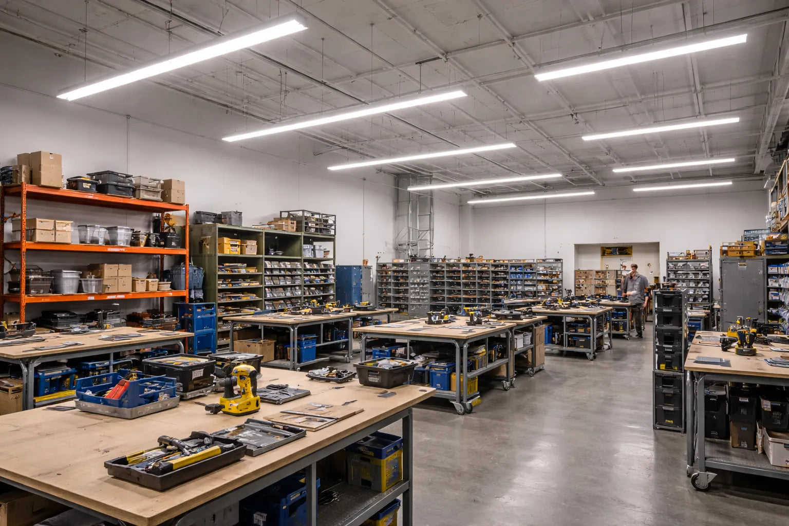 LED strip light fixtures illuminating a commercial production workshop with uniform task lighting over workstations