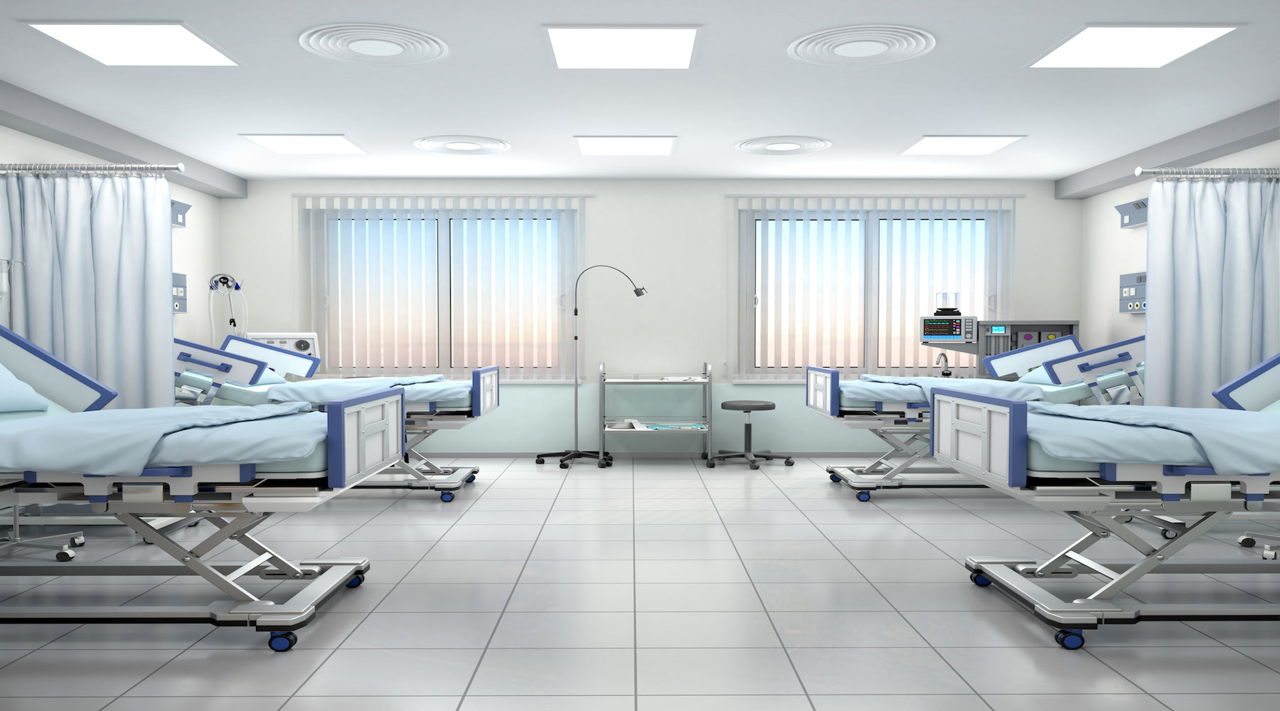 Hospital lighting with bright white color tones shown in hospital room with beds