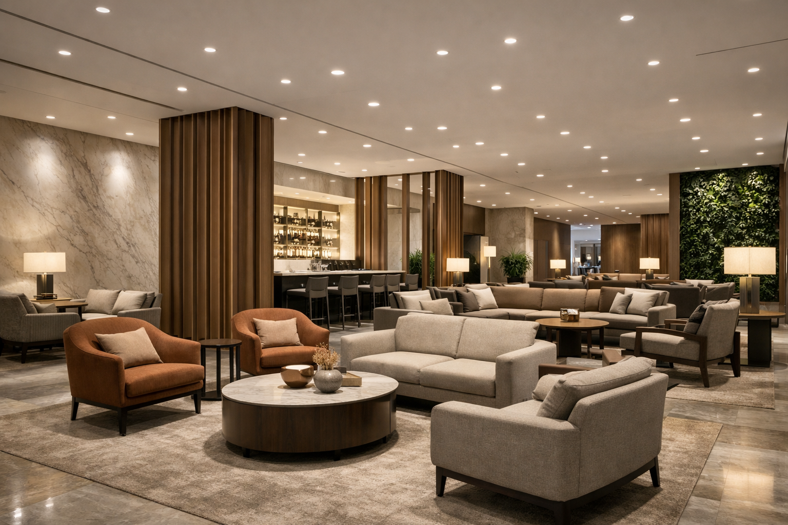 Hospitality LED lighting with recessed downlights in a modern hotel lobby