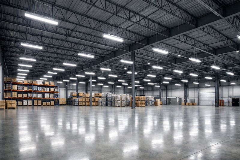 Industrial LED lighting using linear high bay lights in a warehouse facility
