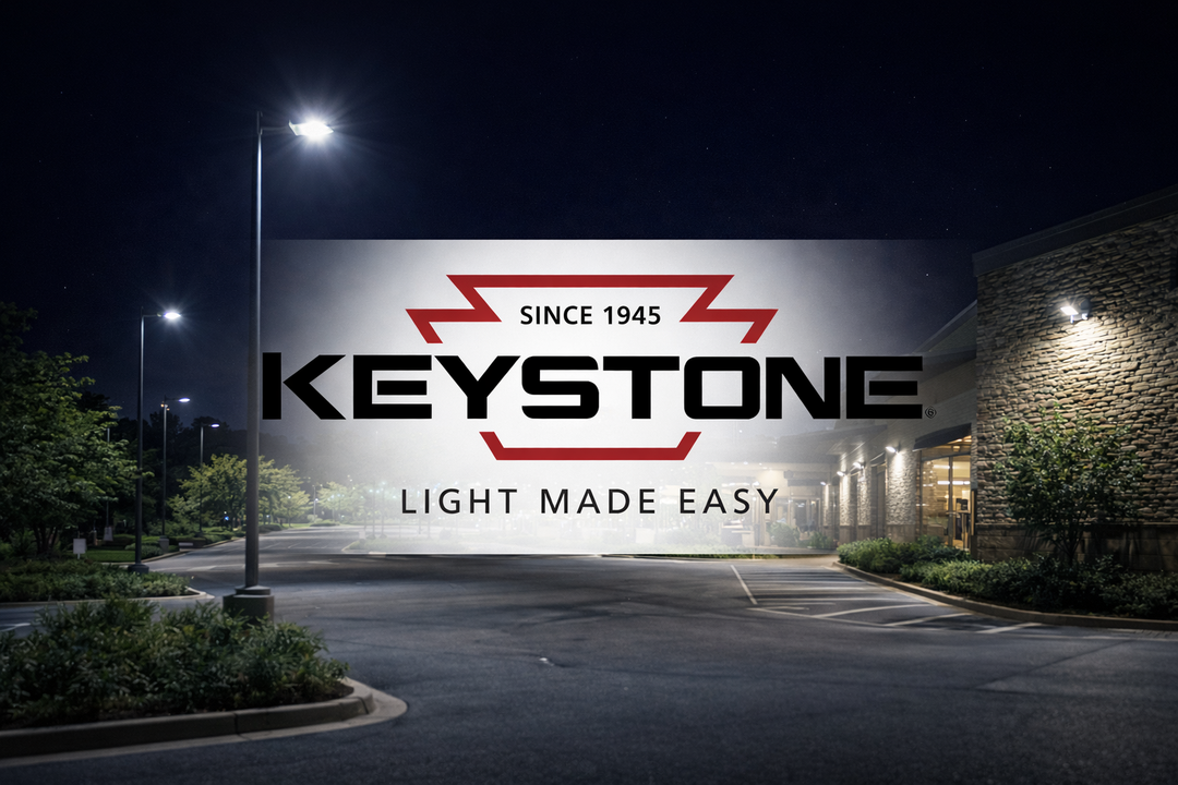 Keystone Technologies LED area lights and wall pack lighting used in a commercial outdoor parking lot at night