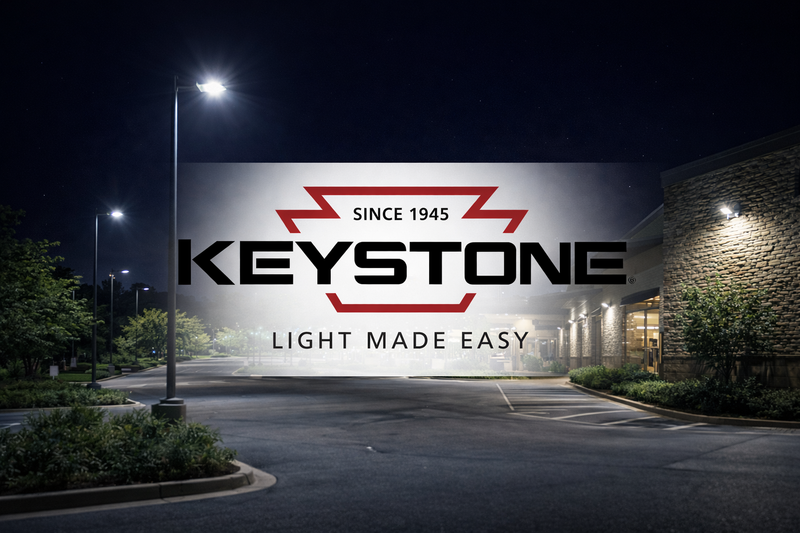 Keystone Technologies LED area lights and wall pack lighting used in a commercial outdoor parking lot at night