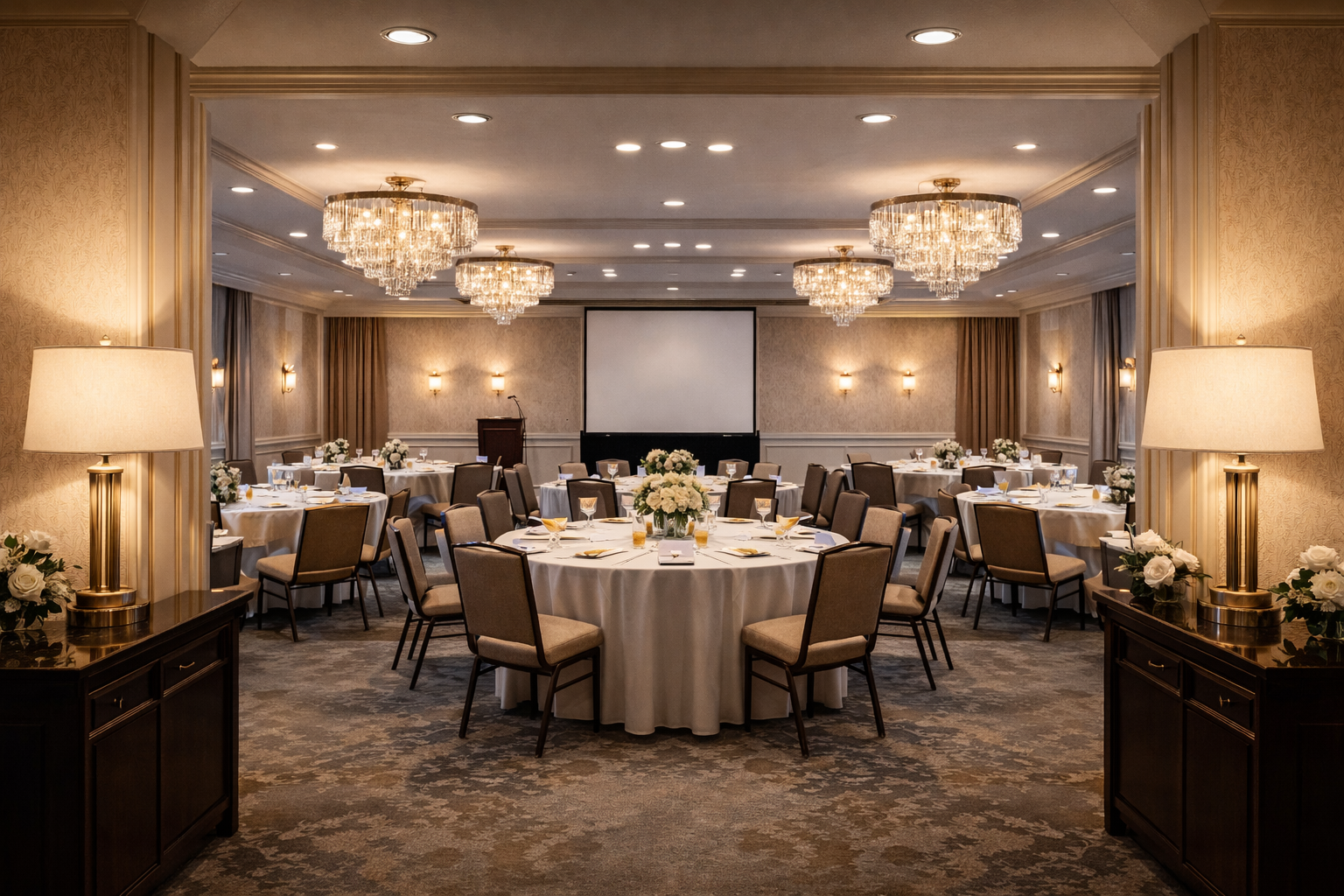 LED A-shape and specialty lamps illuminating a high-end commercial hotel event and meeting space with chandeliers, table lamps, and recessed ceiling lighting