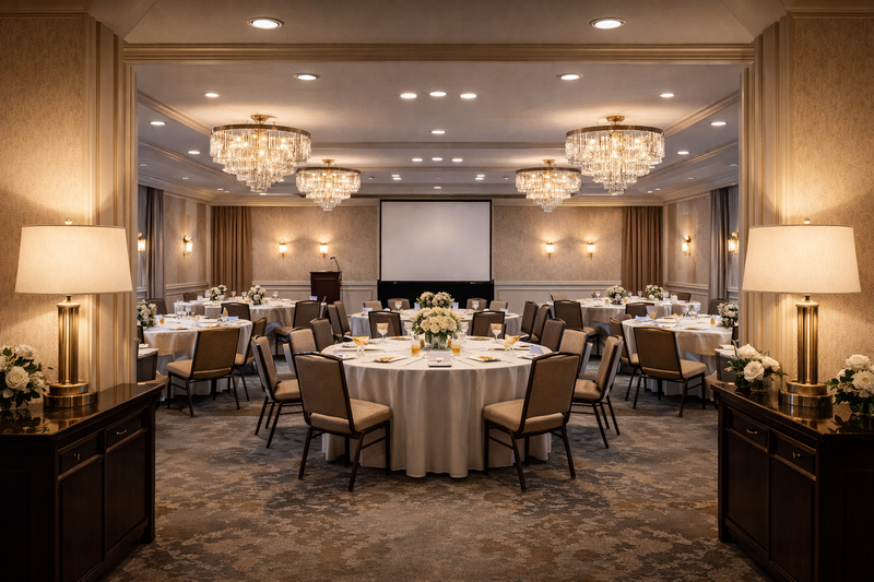 LED A-shape and specialty lamps illuminating a high-end commercial hotel event and meeting space with chandeliers, table lamps, and recessed ceiling lighting
