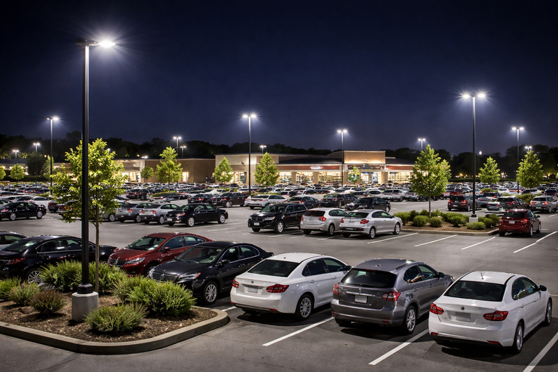 LED area lights illuminating a commercial parking lot at night with uniform light distribution for visibility and site safety