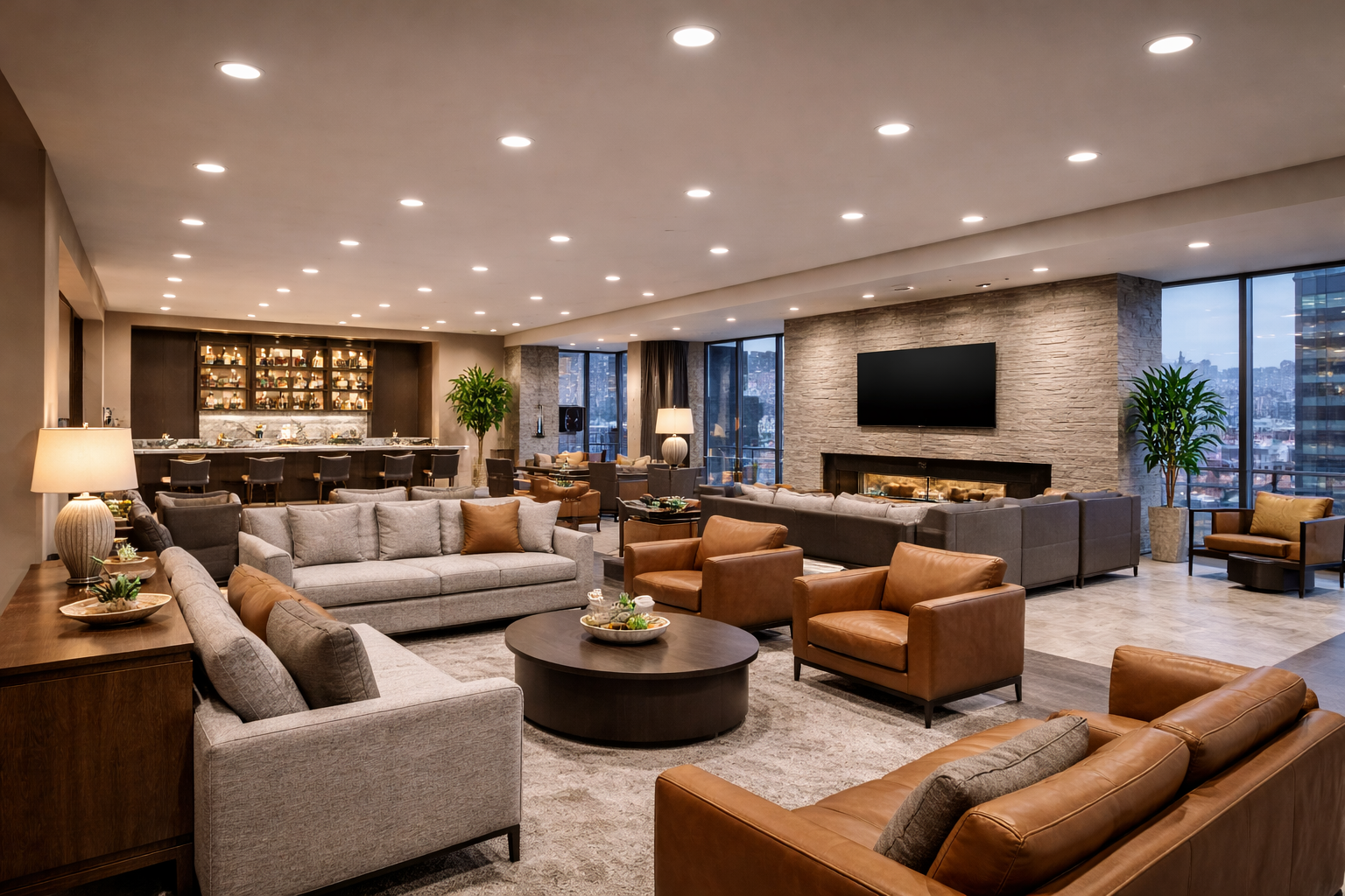 LED BR reflector lamps providing recessed ambient lighting in a high-end commercial corporate lounge with seating areas and architectural finishes