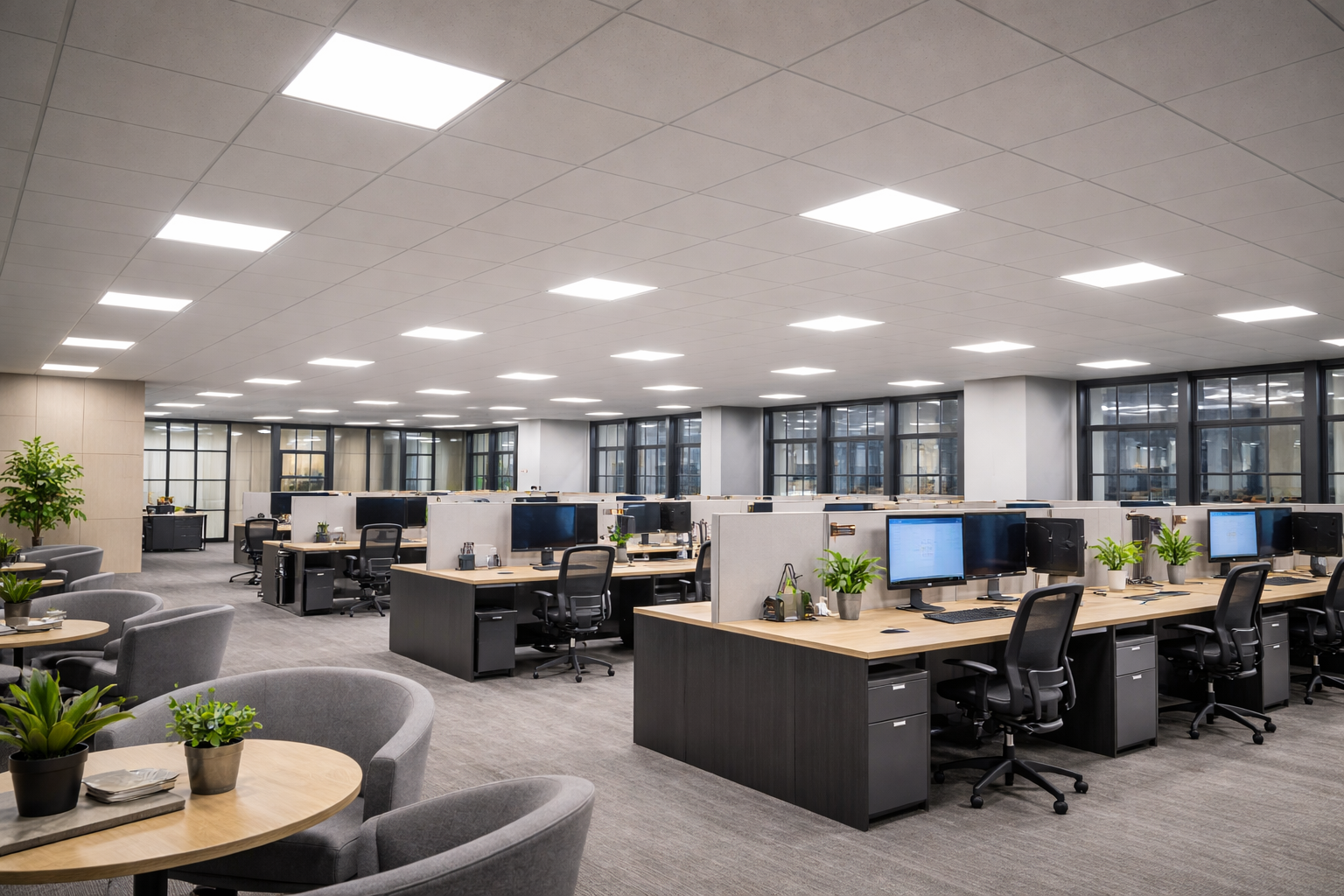 LED ceiling lights providing uniform, glare-controlled illumination in a commercial office environment for visual comfort and operational efficiency