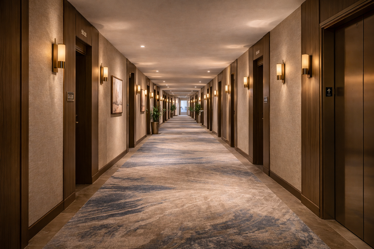 LED CFL retrofit lamps illuminating an upscale commercial hotel corridor with wall-mounted sconces and uniform ambient lighting
