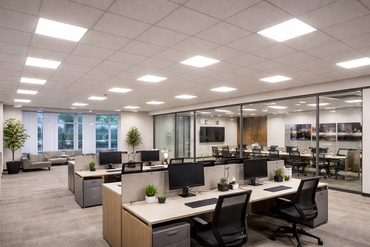 LED drop ceiling lights providing uniform, glare-controlled illumination in a commercial office environment with suspended ceiling grids