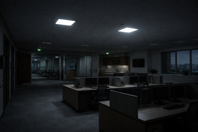 LED panel lights operating on emergency backup drivers illuminating a commercial office during a power outage