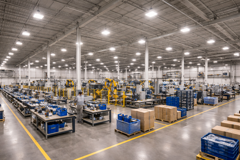 LED factory lighting illuminating a large commercial manufacturing facility with high ceilings, production lines, and uniform overhead light