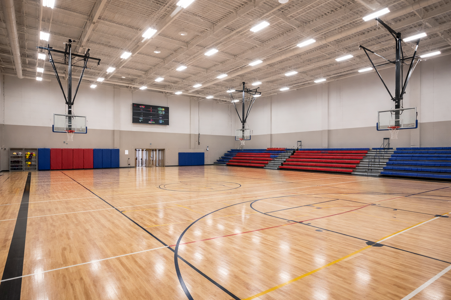 Linear LED light fixtures illuminating a commercial gymnasium with high ceilings, hardwood courts, and uniform overhead lighting