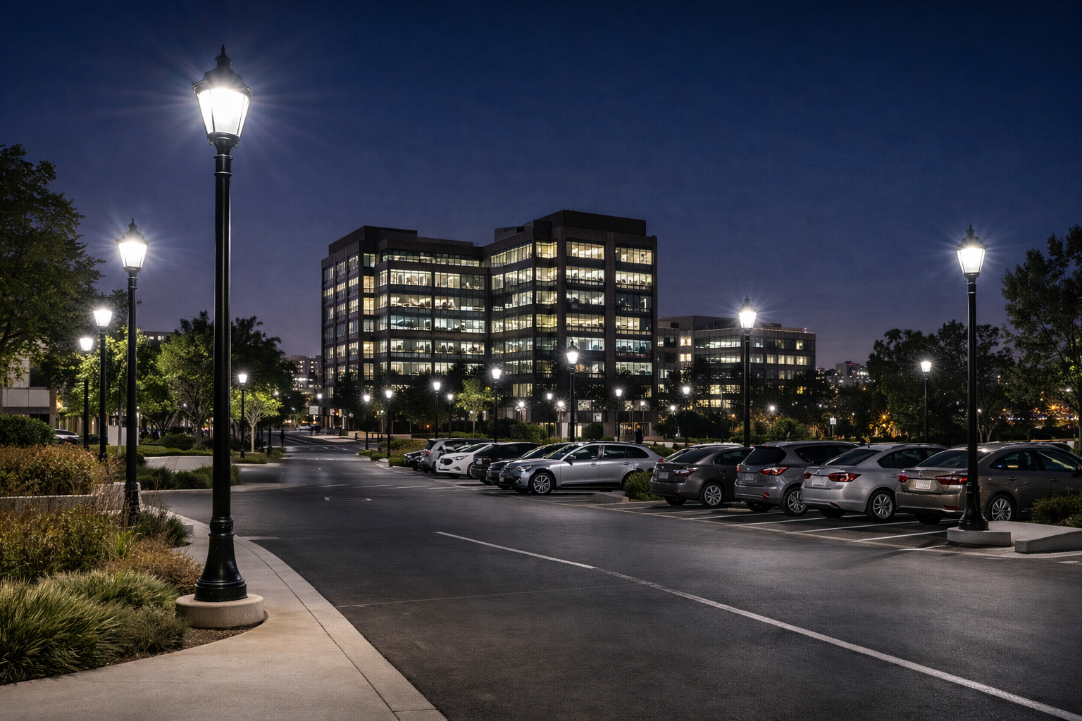LED HID retrofit bulbs illuminating commercial post-top light fixtures in an office campus parking lot at night with uniform site lighting