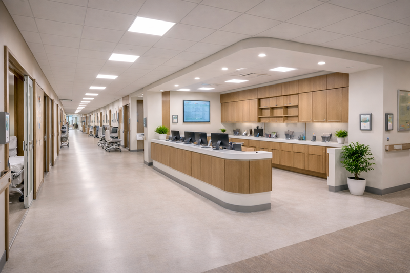 LED hospital and healthcare lighting illuminating a modern clinical corridor and nurse station with uniform, glare-controlled light