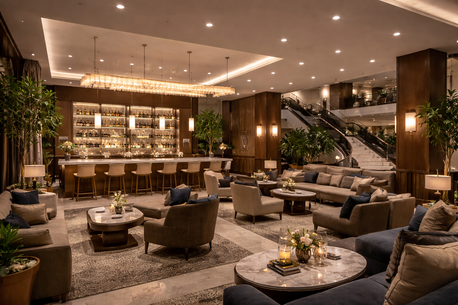 LED commercial recessed downlights and linear pendant lights illuminating a luxury hotel lobby and hospitality seating area with warm, balanced lighting