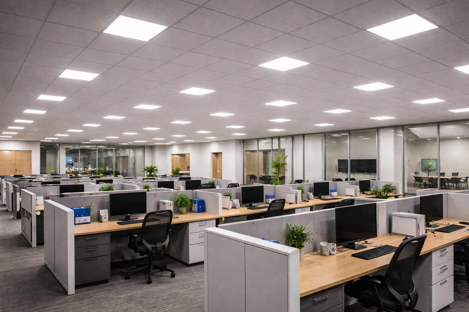 LED panel lights providing uniform illumination in a commercial office with a suspended ceiling grid