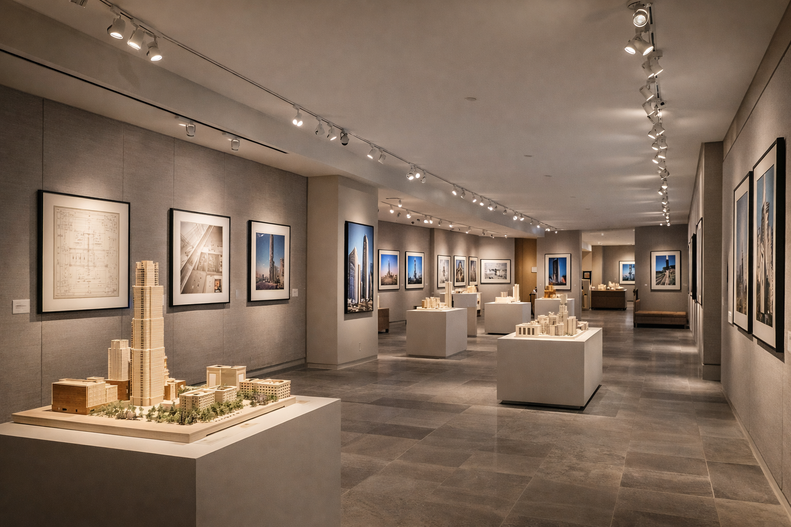 LED PAR and MR directional lamps providing focused accent lighting in a commercial architectural gallery with track-mounted fixtures highlighting displays