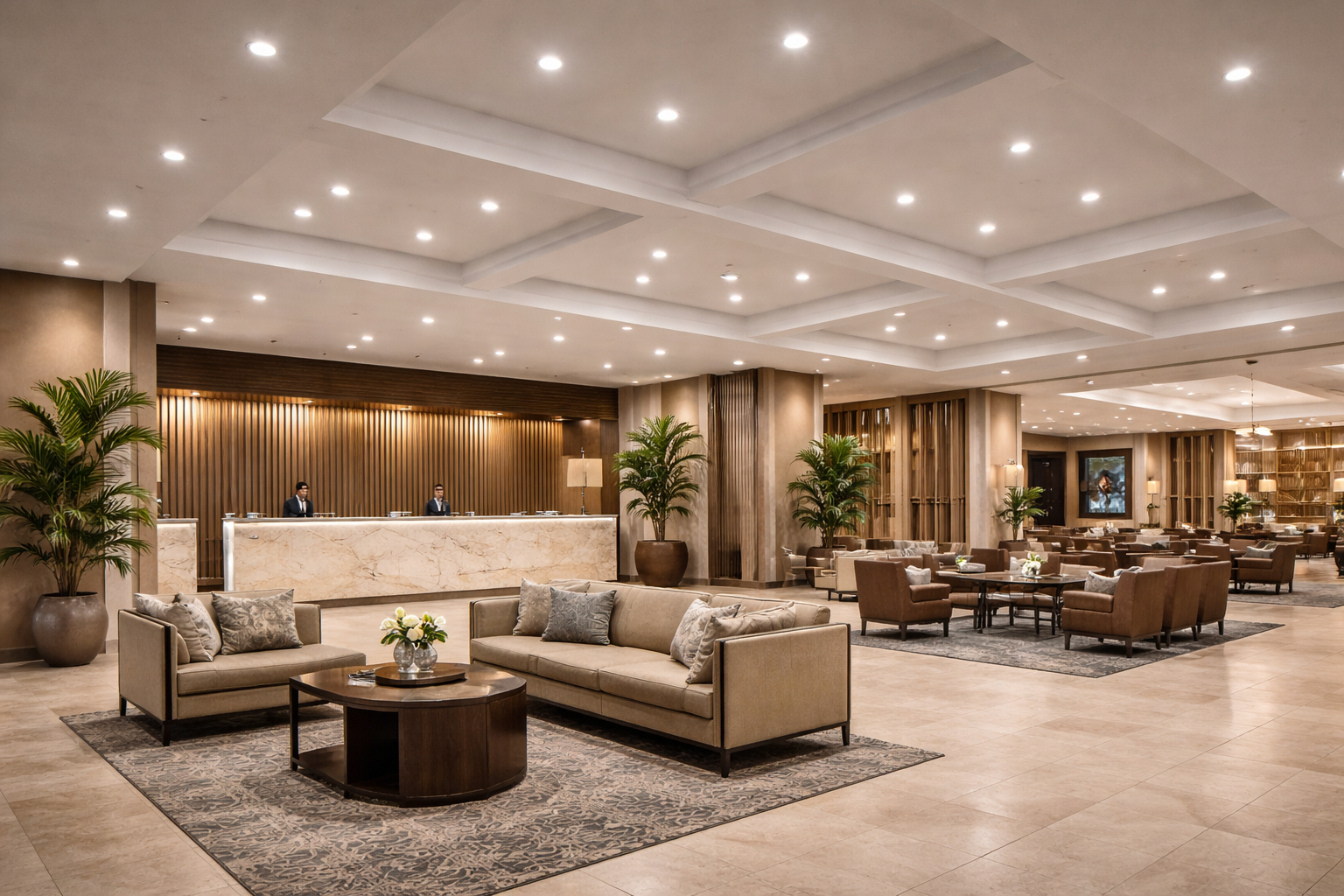 LED recessed lighting illuminating a commercial hotel lobby with evenly distributed ambient light
