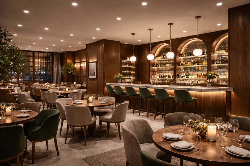 LED commercial recessed downlights and bar pendant lights illuminating an upscale restaurant and bar with a warm, cozy dining atmosphere