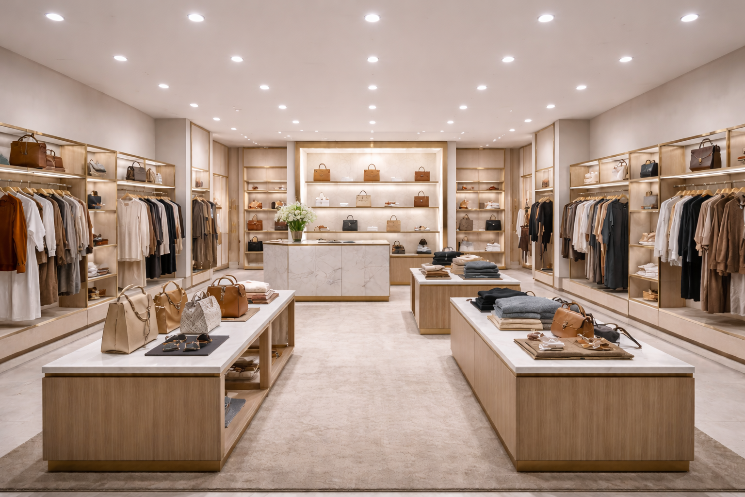 LED commercial recessed downlights illuminating a high-end retail store with uniform lighting over merchandise displays