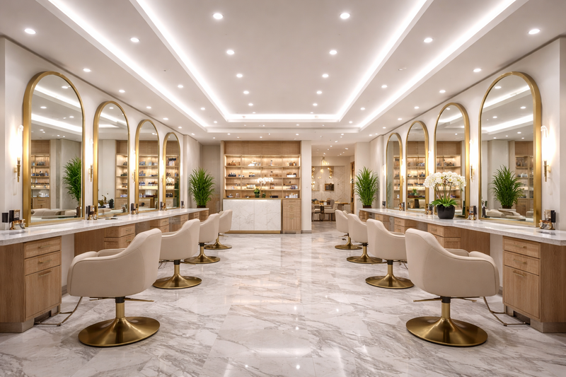 LED salon and beauty lighting illuminating a high-end commercial salon with balanced, glare-controlled light at styling stations