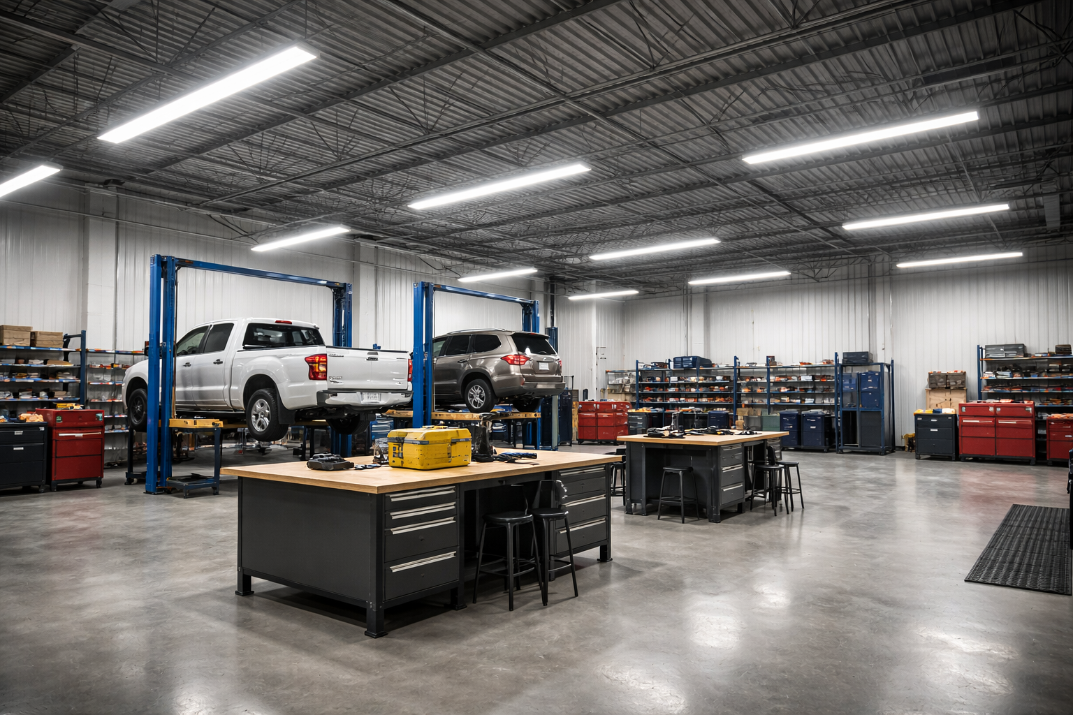 LED shop and garage lighting illuminating a commercial automotive workspace with uniform brightness for task visibility and operational safety