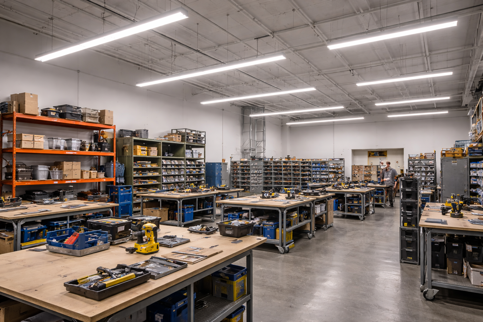 LED strip light fixtures illuminating a commercial production workshop with uniform task lighting over workstations