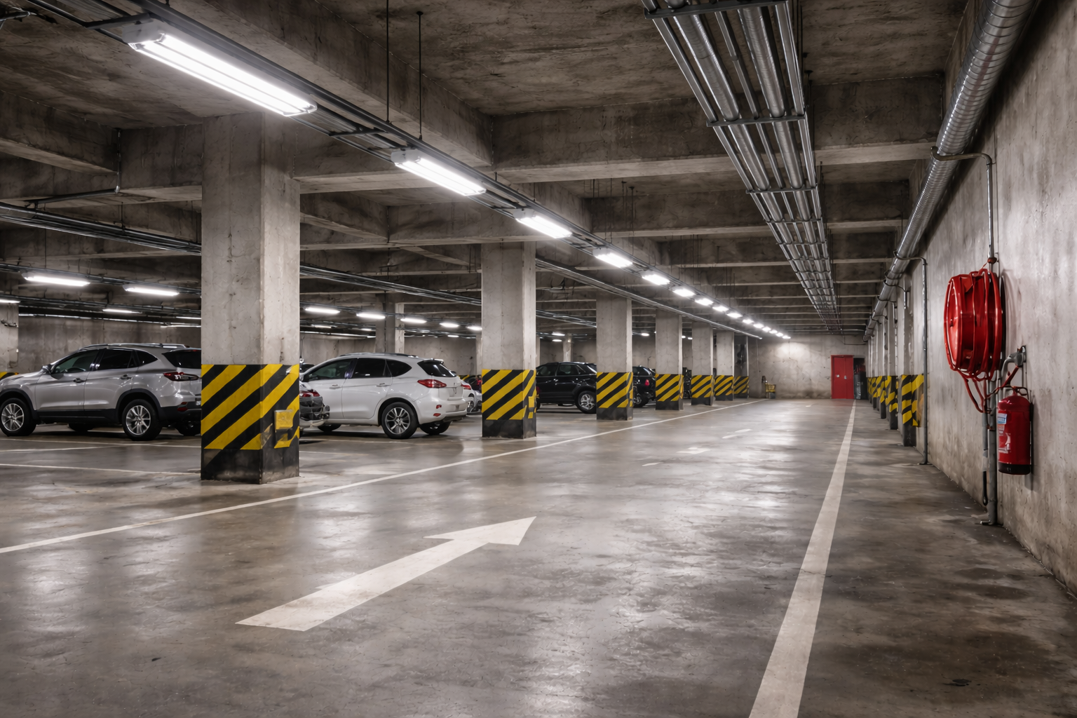 LED vapor tight light fixtures illuminating a commercial parking garage with sealed, moisture-resistant housings
