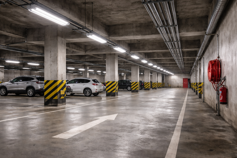 LED vapor tight light fixtures illuminating a commercial parking garage with sealed, moisture-resistant housings