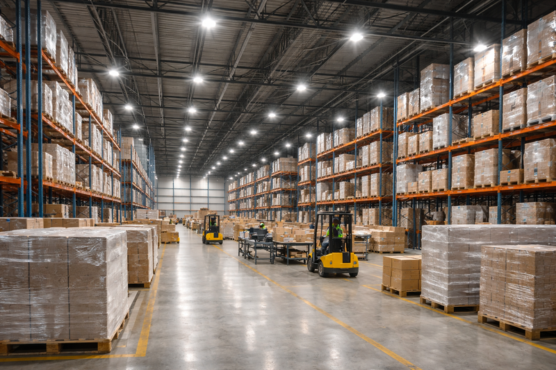 LED warehouse lighting illuminating a large commercial distribution facility with high ceilings, pallet racking, and uniform overhead light